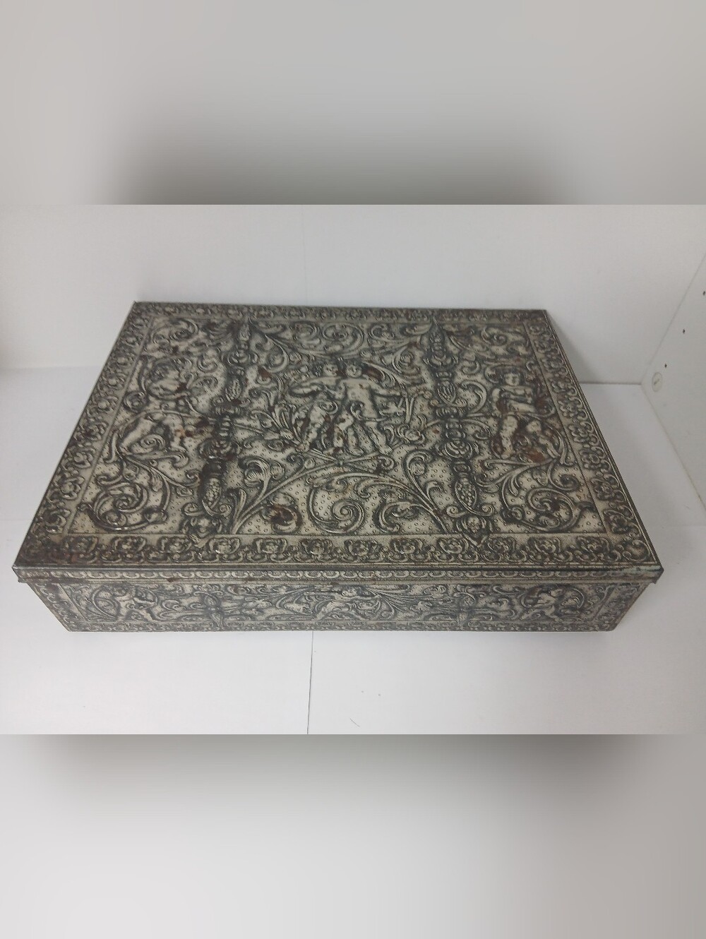 Ornate Carved Metal Decorative Box - Silver and Patina